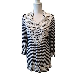 Cristina Womens XL Navy Blue White Striped Soutache Embroidered Tunic Top Boho